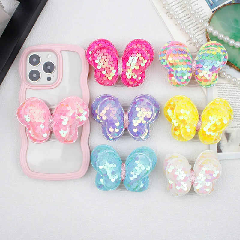 Mobile phone accessories a gifts luxury design phone Socket Factory Wholesale Butterfly Sequin Collapsible Grip stand Give Gifts