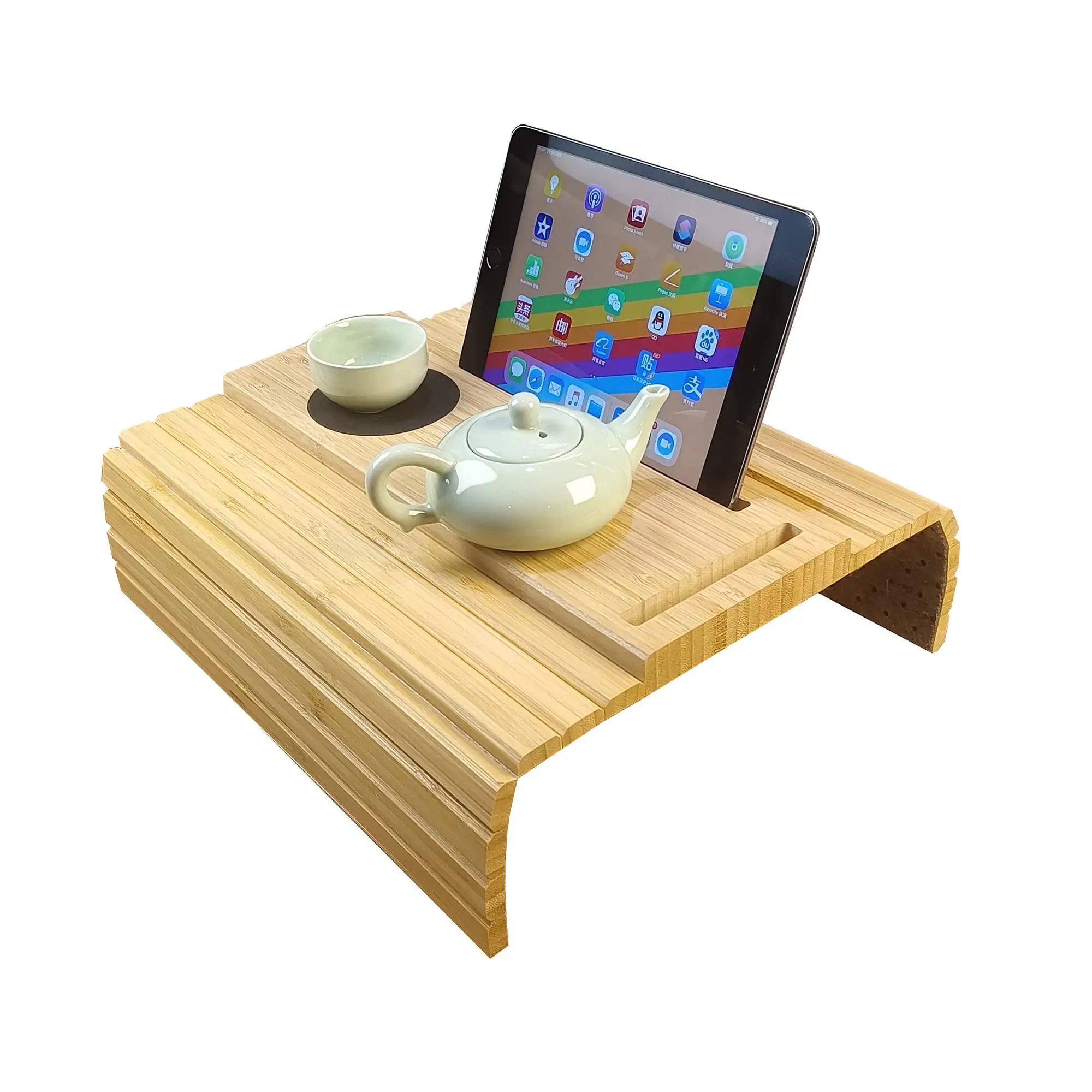 Bambu ahşap esnek taşınabilir kanepe Coaster kanepe kol tepsi masa bardak tutucu içecekler aperatifler telefon TV uzaktan için koltuk için