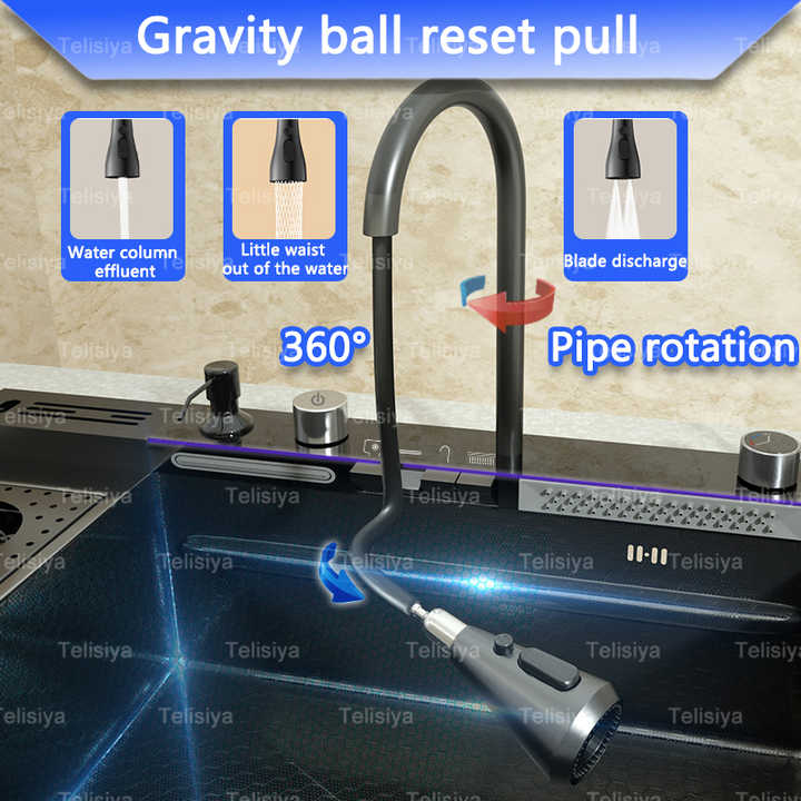 Luxury Black Multifunctional Kitchen Stainless Steel Sink Set with Smart LED Waterfall Tap and Garbage Storage for Hotel Kitchen