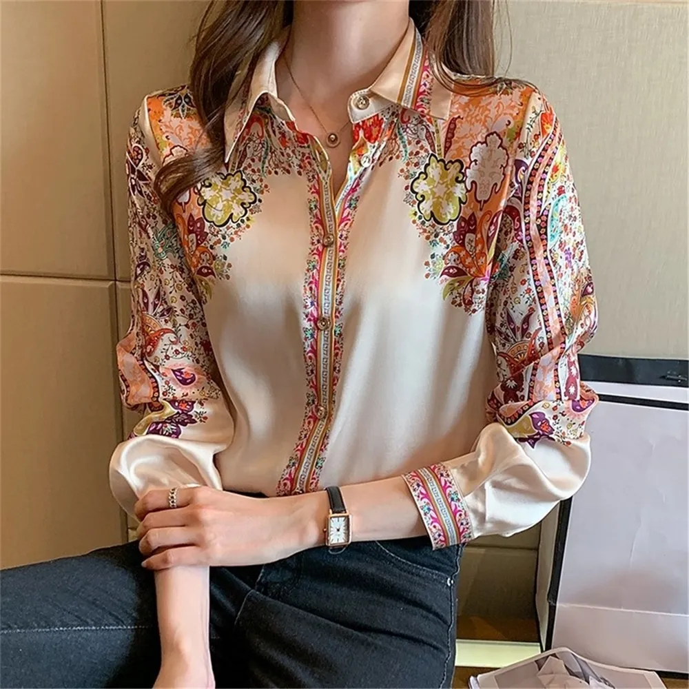 Camisa feminina chiffon estampa flores, blusa de escritório para mulheres primavera outono 2022