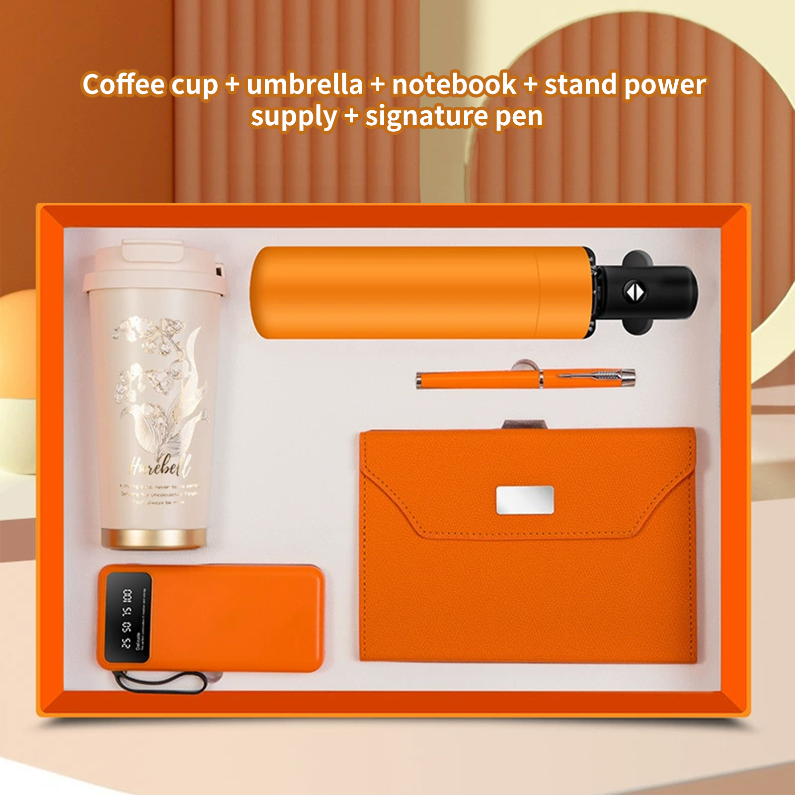 Coffee cup umbrella notebook stand power supply signature pen
