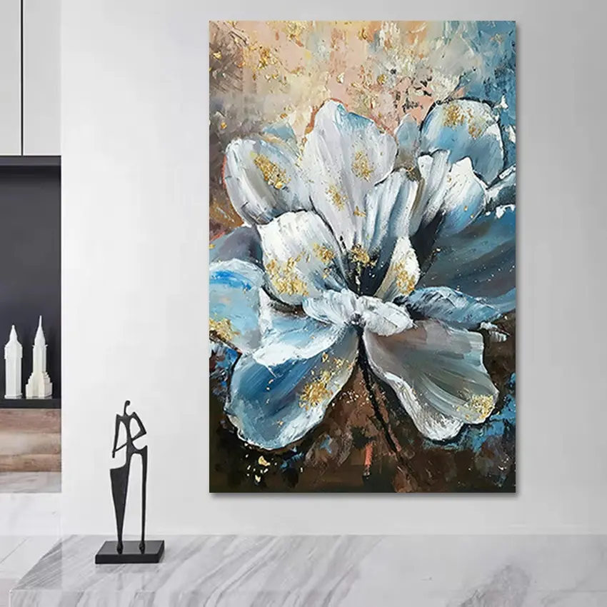 100% fatto a mano grande fiore bianco creativo blu lamina d'oro immagini su tela dipinti di arte acrilica su tela facile pittura a olio immagini
