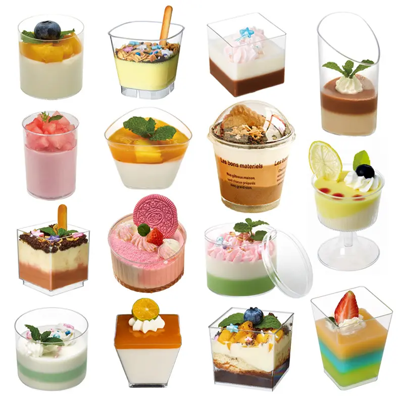 2 3 4 5oz PS PET Mini vasos cuadrados de plástico desechables para fiesta helado yogur Mousse postre taza con tapa y cuchara