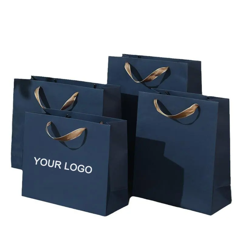 Sac en papier kraft cadeau de luxe imprimé en bleu personnalisé emballage dur de détail bijoux de mariage sacs de vêtements avec votre propre logo