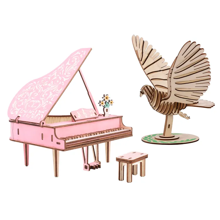 Vente en gros A5 A4 A3 Rompecabezas casse-tête jeu d'esprit jouet mignon rose couleur assemblage 3D jouet en bois Piano pour enfants