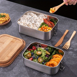 食品容器,ステンレス鋼ランチボックス竹蓋付きポータブルロックシングルコンパートメント収納蓋付き