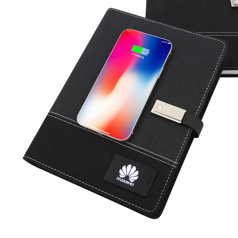 Campione gratuito Wireless Smart Binder Spiral Diary Notebook ricarica Wireless Notepad Power Bank custodia in pelle + chiavetta USB