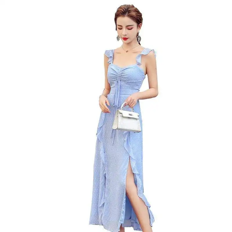 Produsen 2024 pakaian elegan Korea kasual stok gaun wanita belahan seksi pinggang tinggi modis sederhana