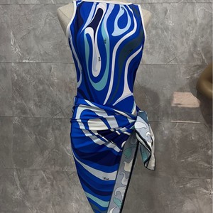 CSMT-PU05 yeni stok seksi kadın tasarımcı tek parça mayo plaj için Sarong çiçek çizgili desen İpli baskı bant adı - Product Image 5