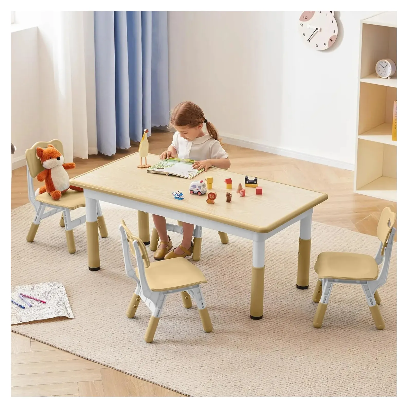 Juego de mesa y 4 sillas para niños, juego de mesa y silla para niños pequeños ajustable en altura, juego de silla de mesa de estudio con grafiti fácil de limpiar para niños