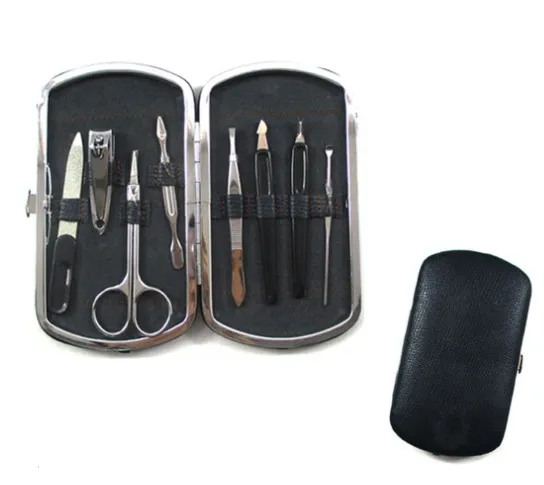 Matériel métallique entièrement noir fantaisie 8 pièces kit d'outils de soins personnels kits de polissage d'art d'ongle dans un sac en cuir