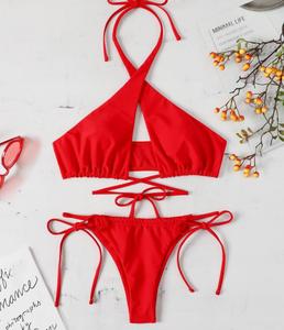 Roupa de natação vermelha com gola alta, laços longos sexi lady <span class=keywords><strong>micro</strong></span> biquíni brasileiro