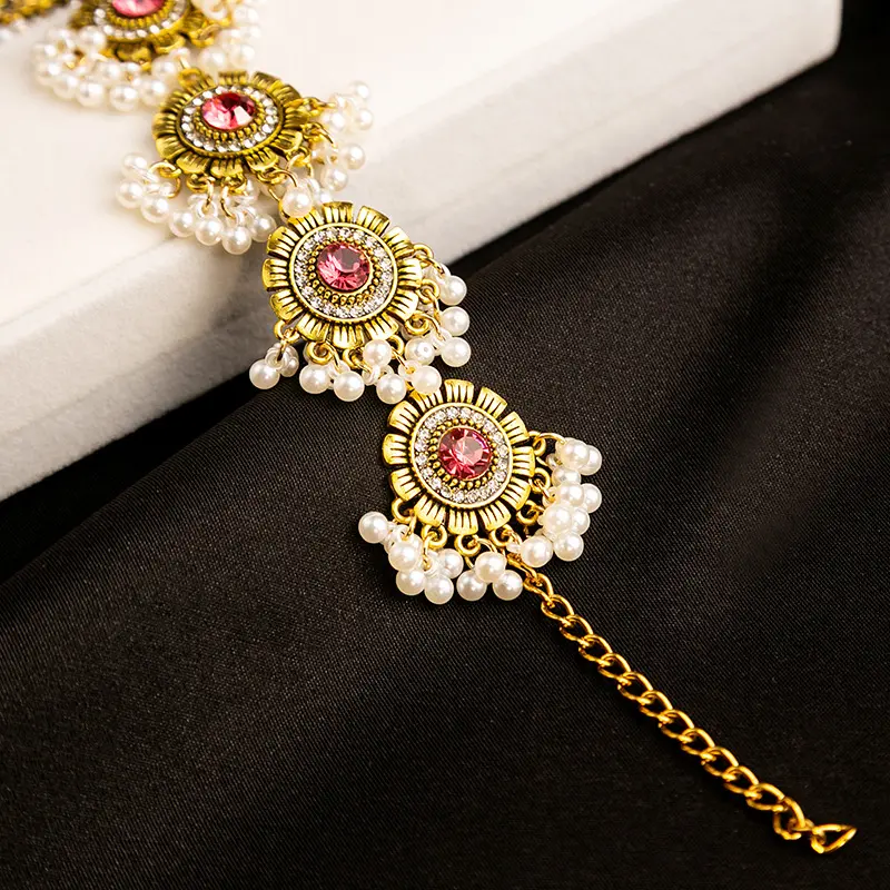 유럽과 미국 크로스 국경 복고풍 금속 핑크 다이아몬드 진주 팔찌 성격 과장된 고급 패션 보석