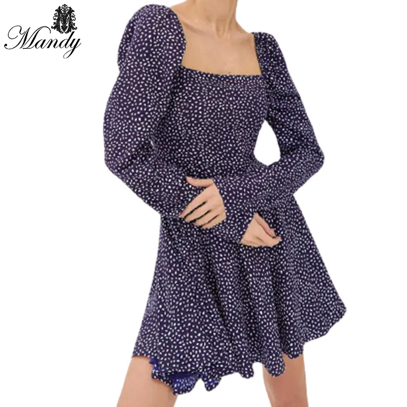 Mandy 2023, nueva moda para mujer, minivestido informal con estampado floral, cuello cuadrado, estilo europeo y americano, cintura larga para mujer