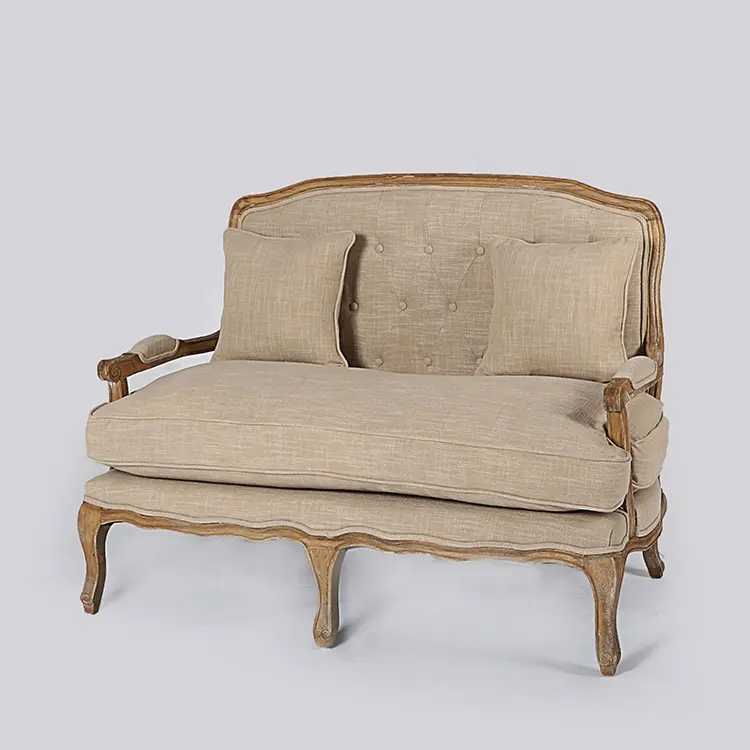 Sofá tallado a mano de estilo clásico, mueble de tela con forma de botón en la espalda (CH-948-OAK)