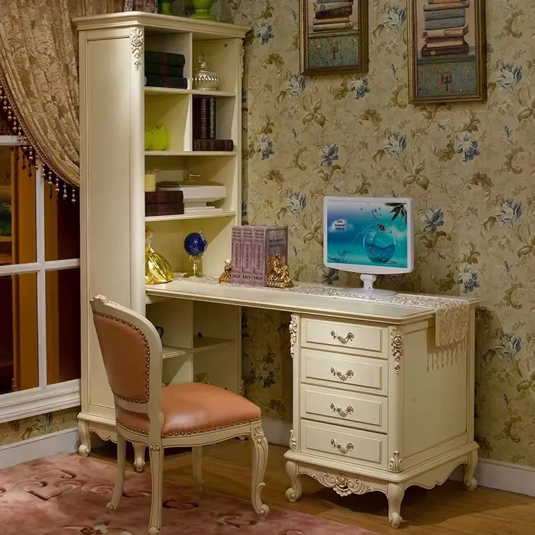 Uxury-escritorio de oficina tallado antiguo retro clásico, mesa de estudio con librería