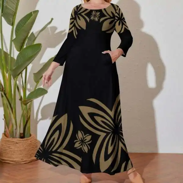 Print On Demand Factory Outlet Polynesia Samoa Tribal Printed Long Sleeved Dress Elegant Casual Dresses Spring Women Dress Party