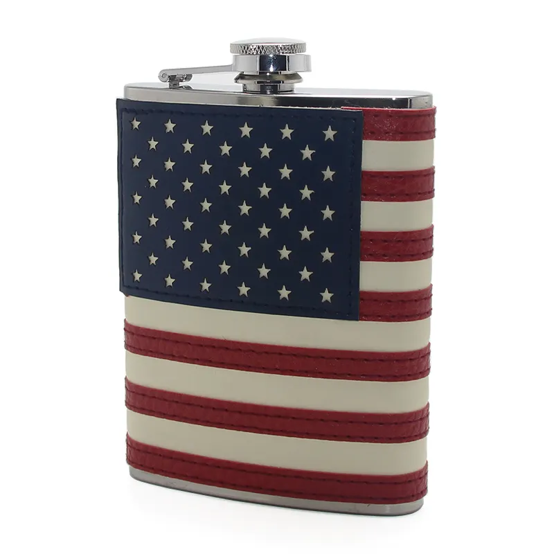 8oz 224ml United States Portable Flagon Oilcan Wine Pot Metal Stainless Steel Travel Pocket Liquor PU American Flag Hip Flask