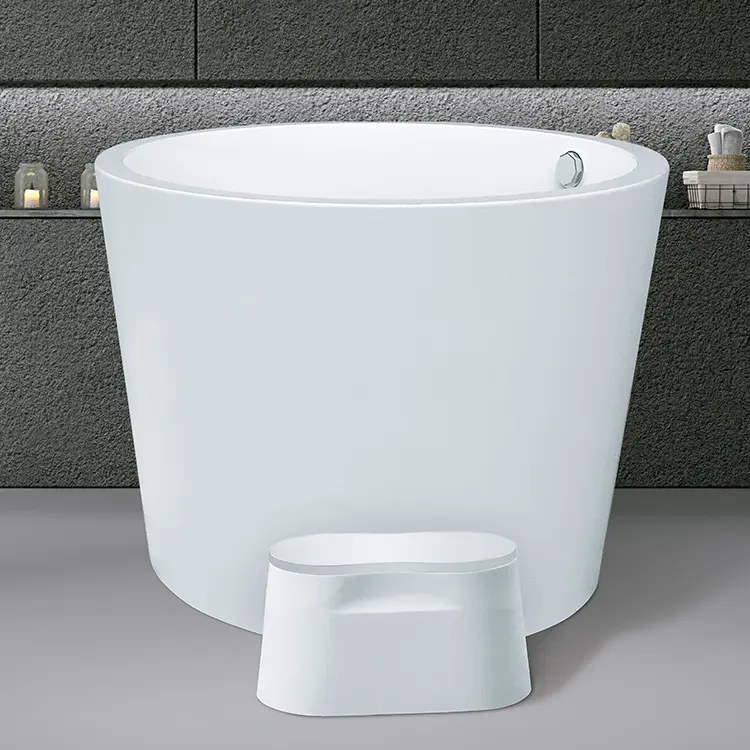 Fanwin小さな深いホット人工石高級バスルーム浸漬自立型浴槽アクリル丸型浴槽100 cm浴槽