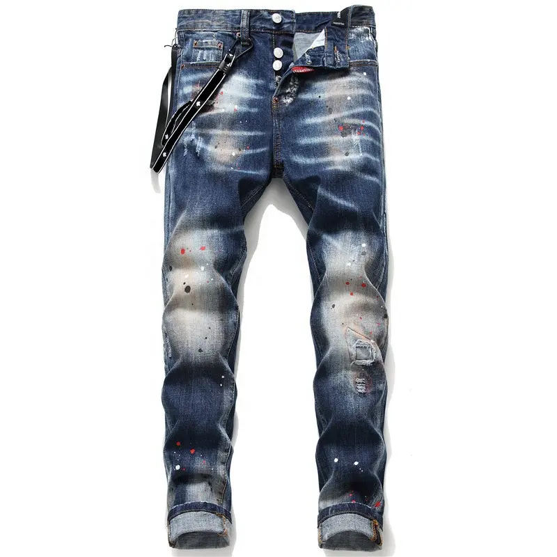 High Quality Popular Custom Design Medium Blue Washed Denim Ripped Jeans For Men