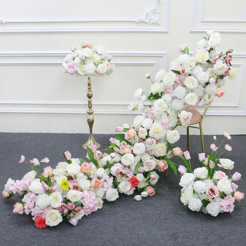 White Rose Peony Pink Tulip Artificial Flower Row Wedding arrangiation Floor Floral Party background Decor
