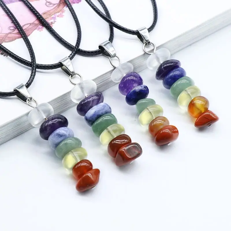 Gemstone 7 Chakra Healing Crystal Pendant Necklace Natural Stone Amethyst Agate Handmade Necklace Leather Cords Charm Jewelry