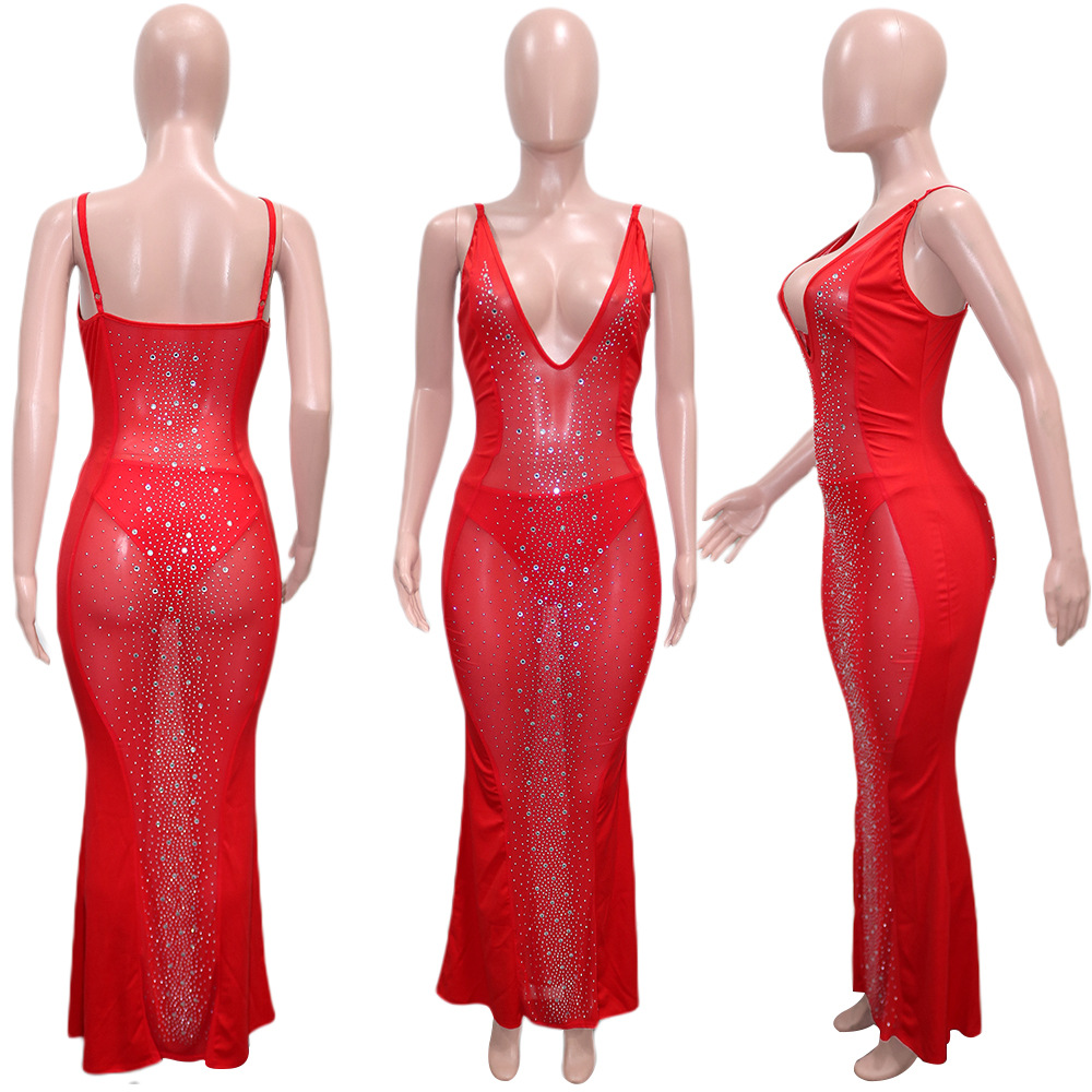 New Style Fashion Sexy See-Through Rhinestone Elegant Mermaid Gown Sleeveless Ladies Temperament Halter Maxi Evening Dress