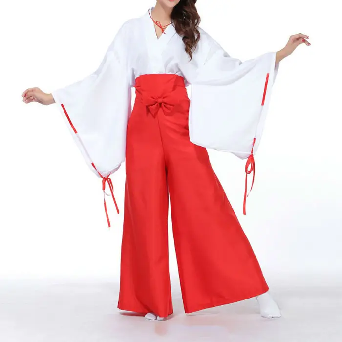 Ecoparty vestido feminino estilo kimono, japonês, anime miko, fantasia cosplay, vermelho e branco