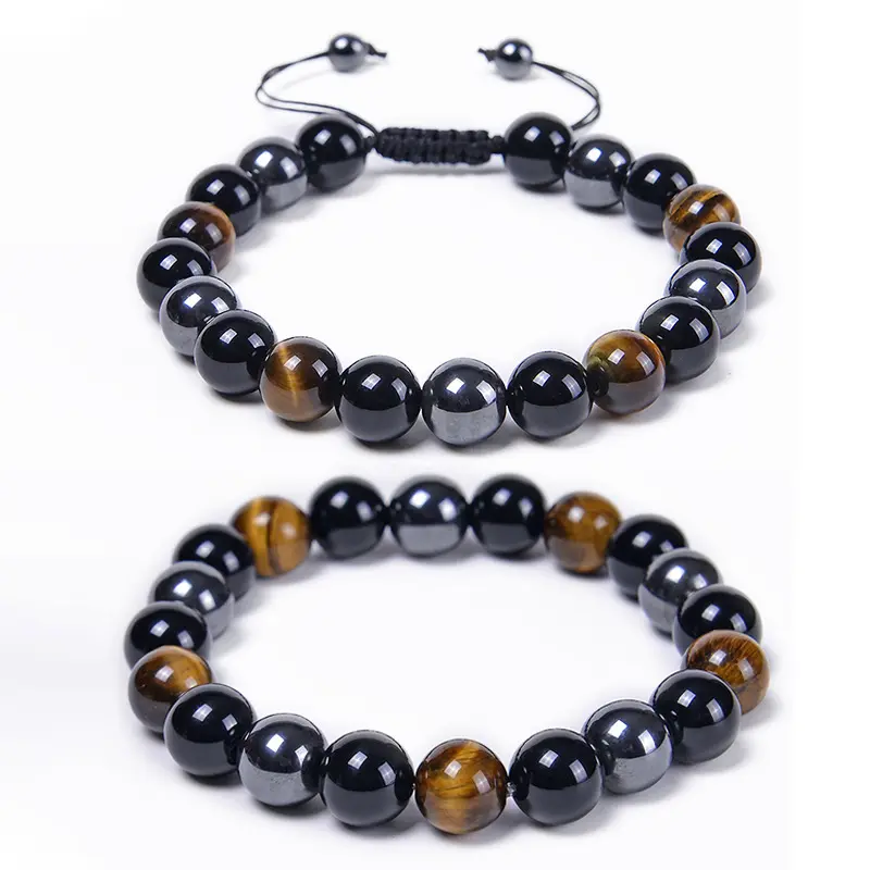 Pulseira de pedra natural de 8/10mm, bracelete com pedra cristal, energia para yoga, cura, pulseira com ímã preto de tigre, bracelete frisado