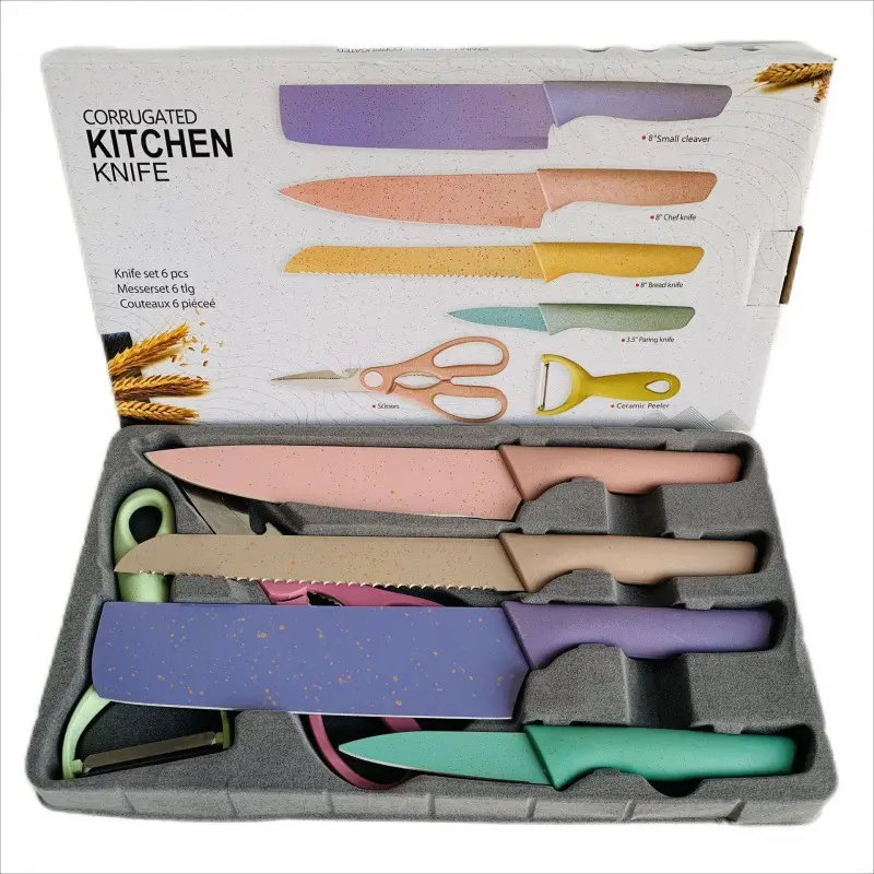 best price gift box packaging bread/cleaver/fruit knife colorful Wheat Straw Sharp Professional Chef kitchen Knife Set of 6 PCS