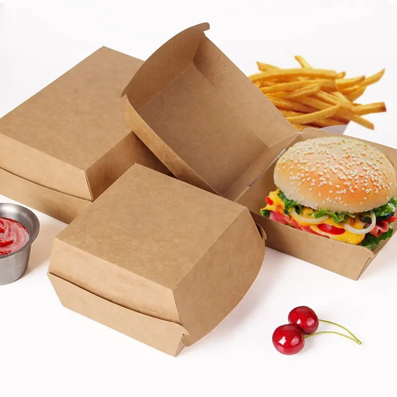 डिस्पोजेबल क्राफ्ट पेपर हैमबर्गर कंटेनर कस्टम डिस्पोजेबल बर्गर पैकिंग बॉक्स