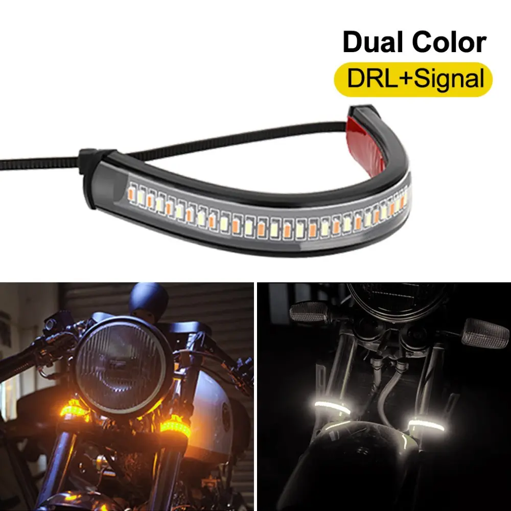 Bande lumineuse LED universelle pour moto, clignotant arrière de frein et DRL, jaune et blanc, moteur clignotant, anneau de fourche