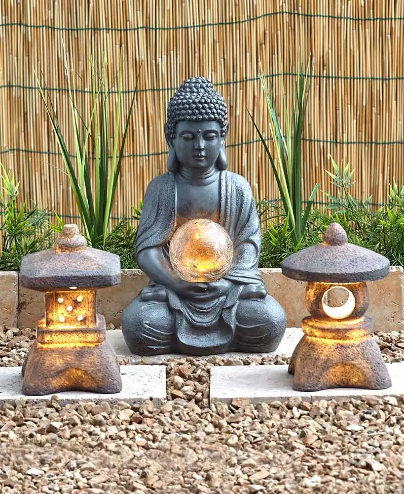 Statues de Bouddha Méditantes Personnalisées avec Lanterne Pagode Lumière Solaire Décoration de Jardin