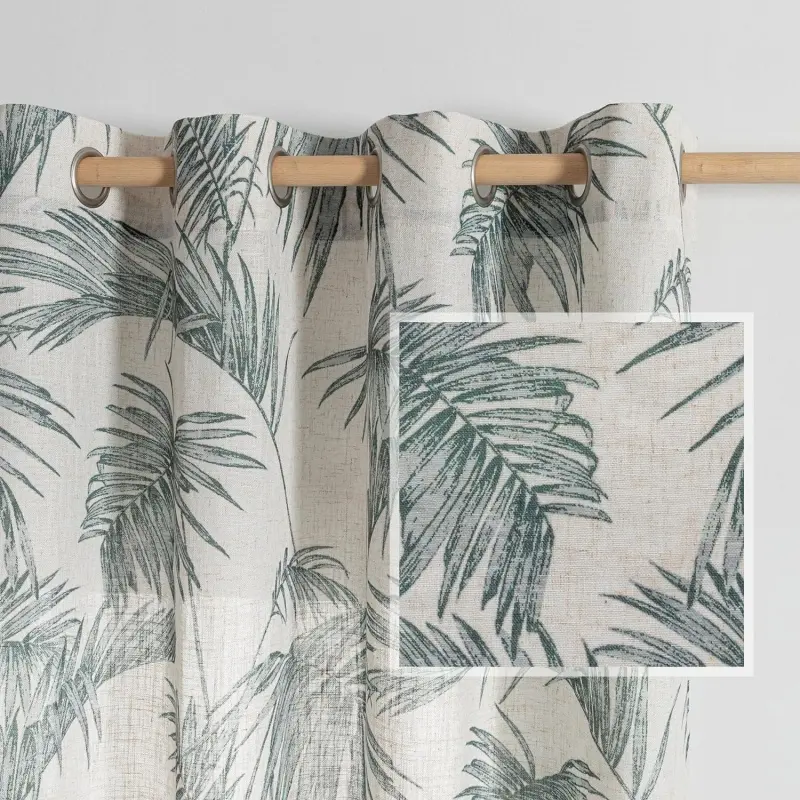 2 paneles de hojas de palma tropical planta patrón floral cortina de ventana de lino/
