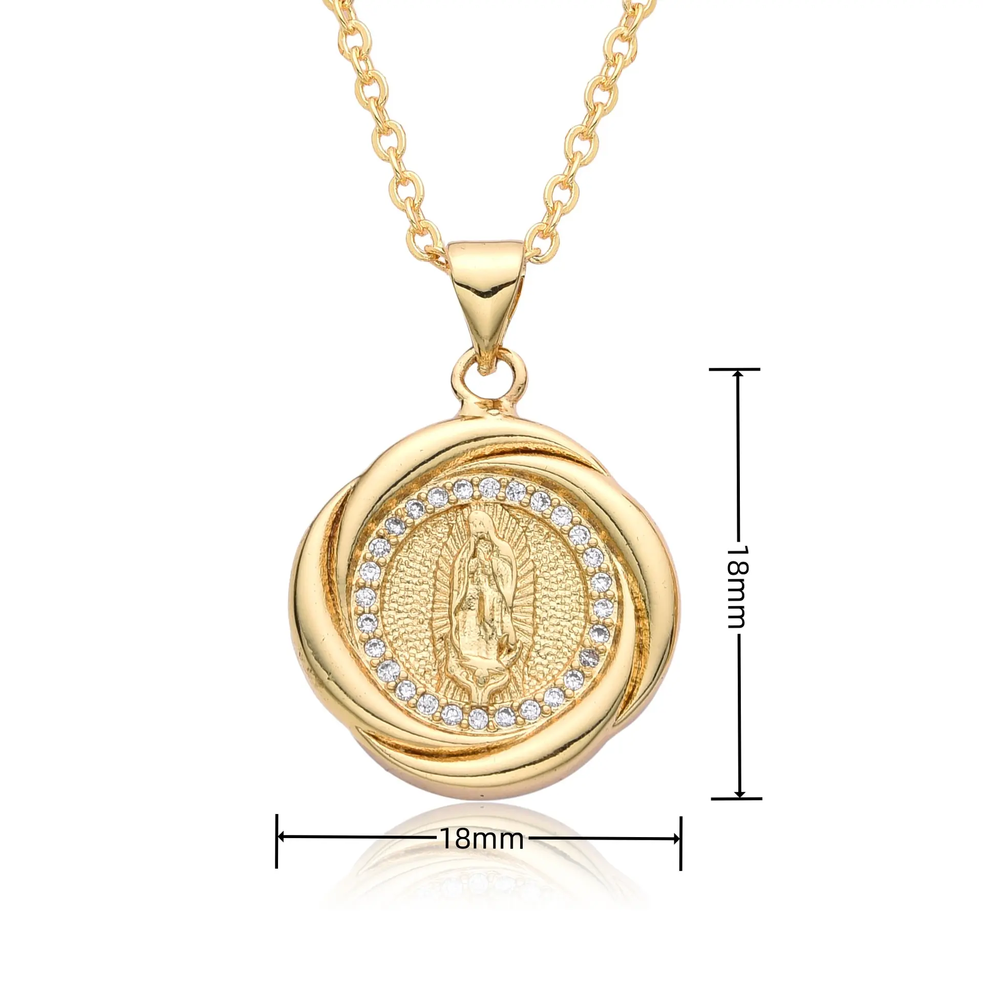 Oro Laminado Mujeres Bautismo cristiano Joyería religiosa Collar de latón 18K Oro Virgen De Guadalupe Virgen María Colgante