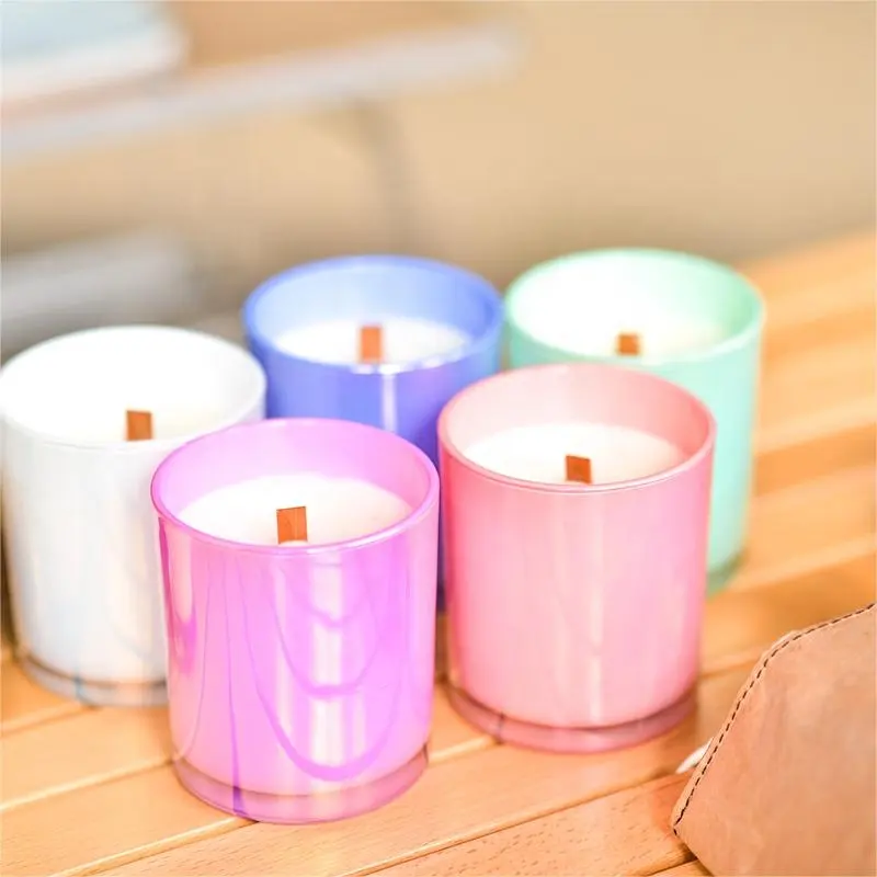 Forniture all'ingrosso di lusso di soia cilindro di vetro naturale decorazioni di stoppino in legno candela elettrolitica colorata profumata rosa