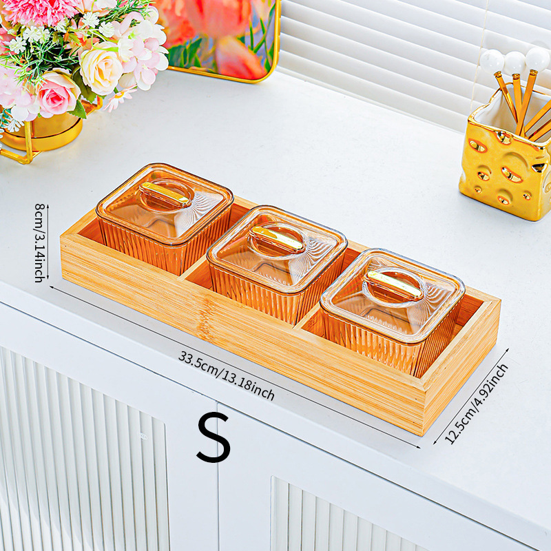 Plato de 3 compartimentos de PET ámbar a rayas con base de madera dorada