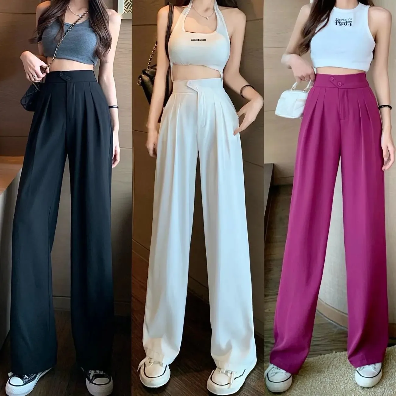 Pantalones de traje para mujer, pantalones de pierna ancha, pantalones largos informales con cremallera de cintura alta a la moda para primavera y verano