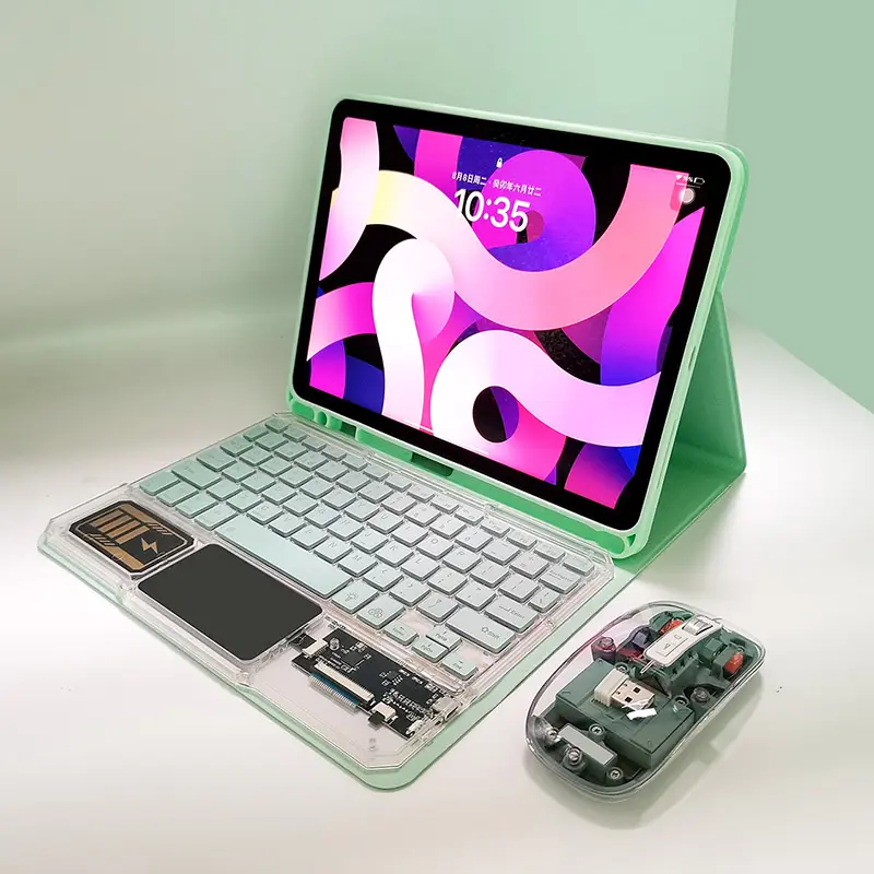 2023 Nuevo estilo Juego de teclado y mouse inalámbricos transparentes 7 colores RGB con panel táctil para iPad y tableta Android