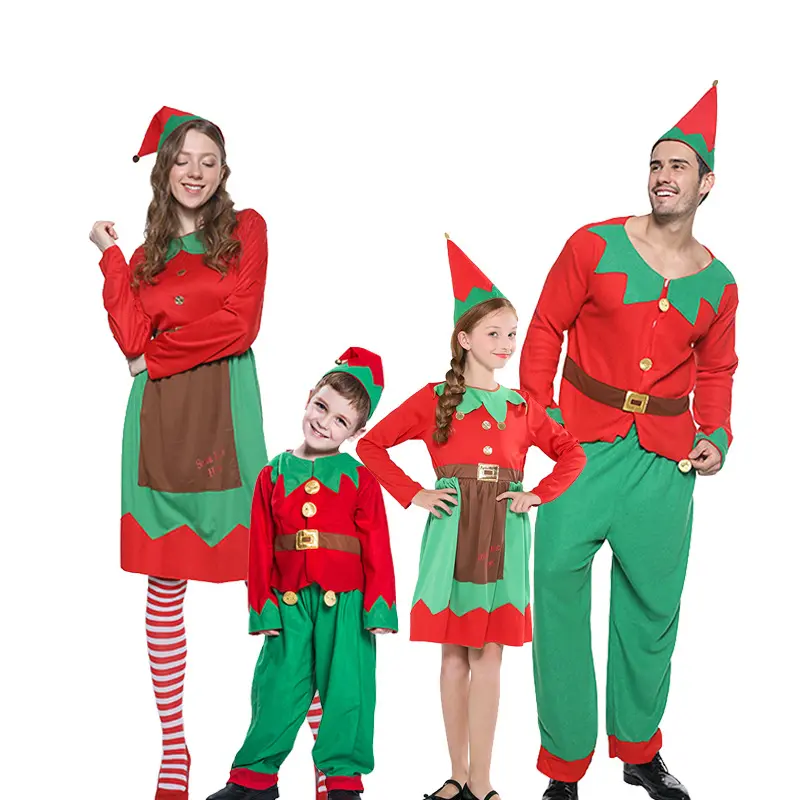 बच्चों और वयस्कों के लिए पारिवारिक उत्सव क्रिसमस एल्फ पोशाक थोक सेट ग्रीन एल्फ किड्स फेस्टिवल प्रदर्शन पोशाक
