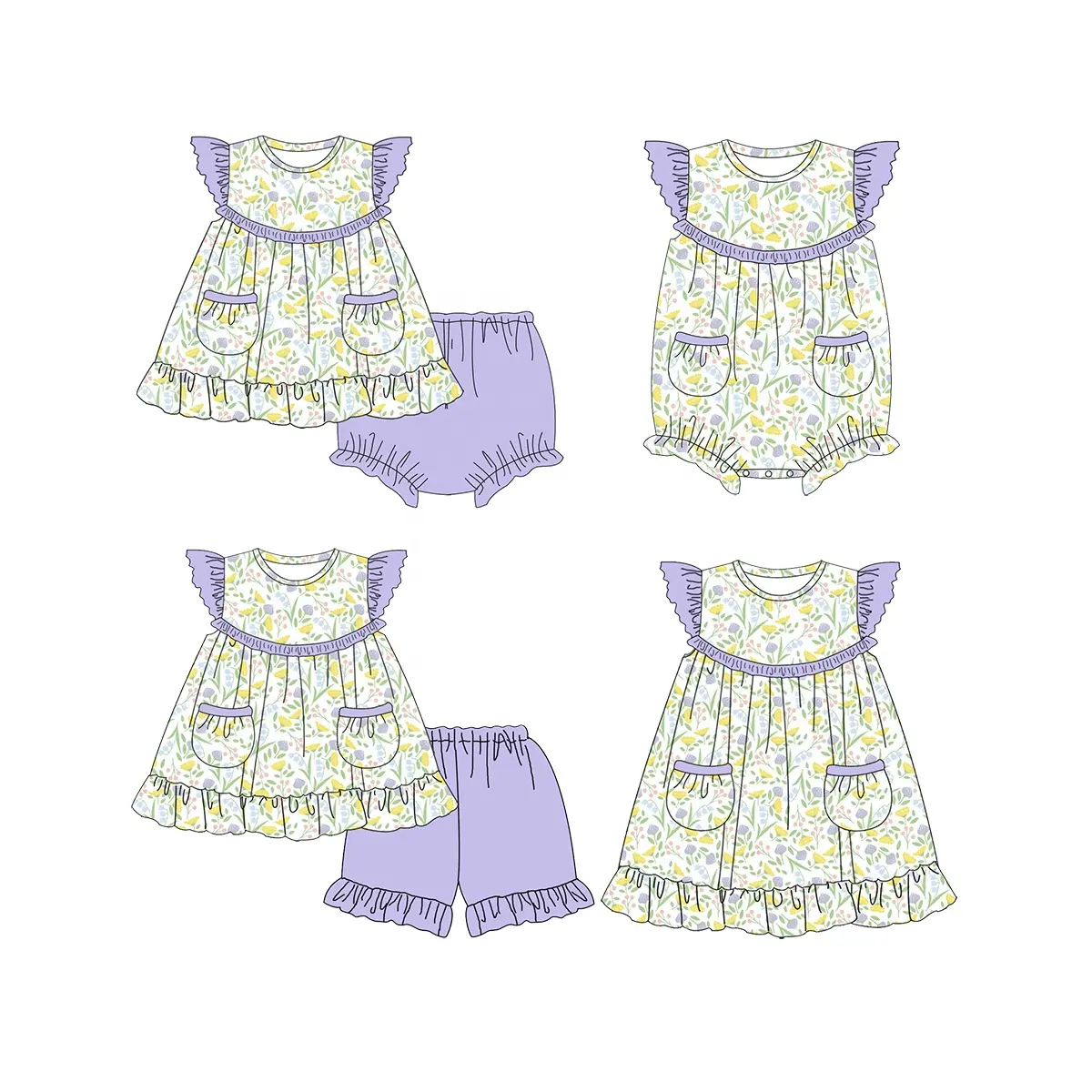 Puresun 100% algodão personalizado crianças roupas flutter manga primavera estampas florais pérola vestido bebê menina roupas conjunto