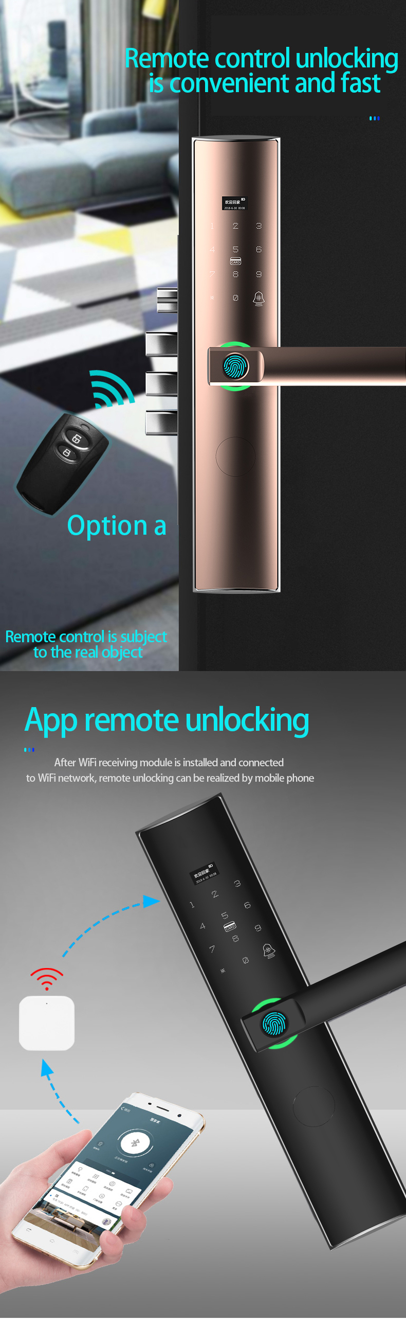 Multi-unlocking methods of intelligent door lock for household entry fingerprint lock applet temporary key unlocking safety
