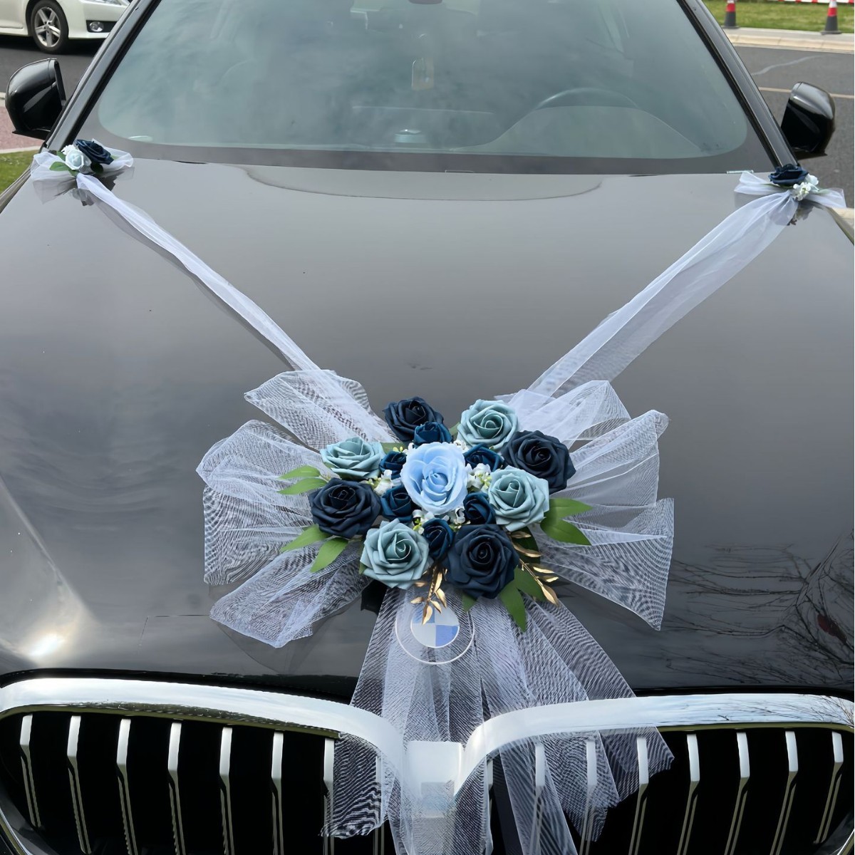 10# Fleur de tête de voiture bleue-un grand deux petits