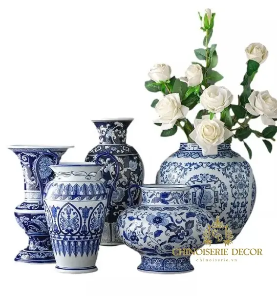 Vasos de porcelana de decoração feitos à mão, azul e branco, decoração de casa com padrão de desenho manual