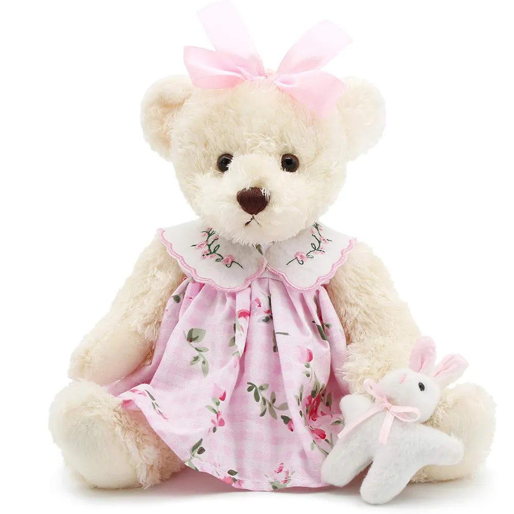 A082 Small Baby Teddy Bear with Cloth Cute Stuffed Animal Soft Plush Toy Pink Dress with Rabbit Wholesale Stuffed Plush Animals