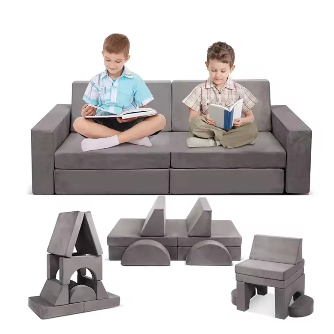 Sofa lipat anak-anak busa lembut Modular beludru 8 potong, Sofa permainan Nugget untuk tempat bermain dalam ruangan anak-anak