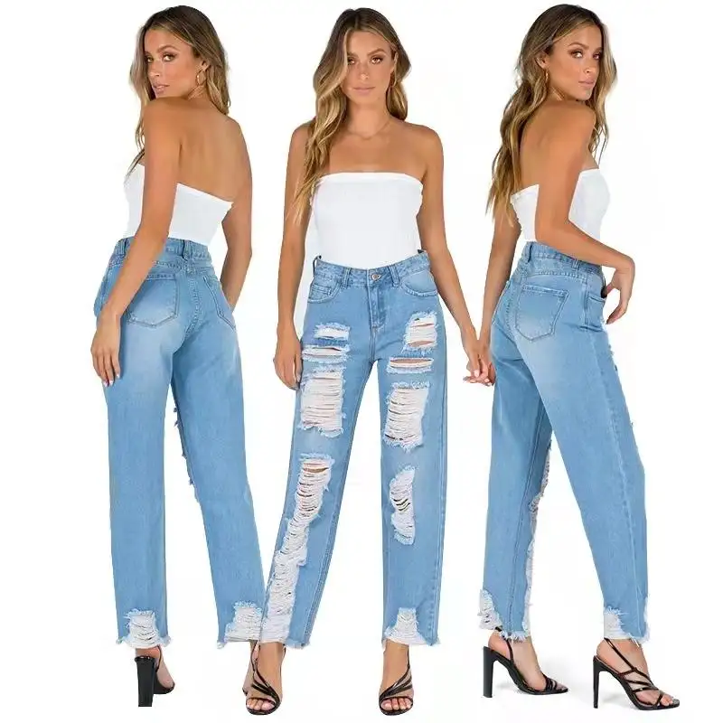 Pantalones vaqueros rasgados de diseño para mujer, Jeans azules holgados de cintura alta para mamá y novio, venta al por mayor, nuevo