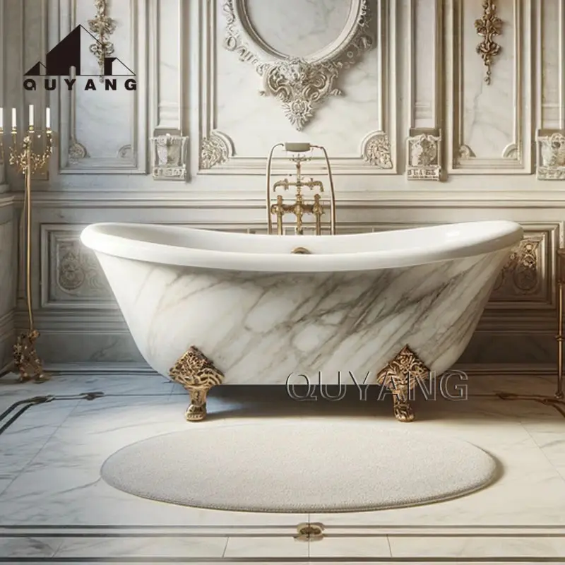 QUYANG Western-Badezimmer Innendekoration handgeschnitzte freistehende Naturstein-Badewanne aus weißem Marmor