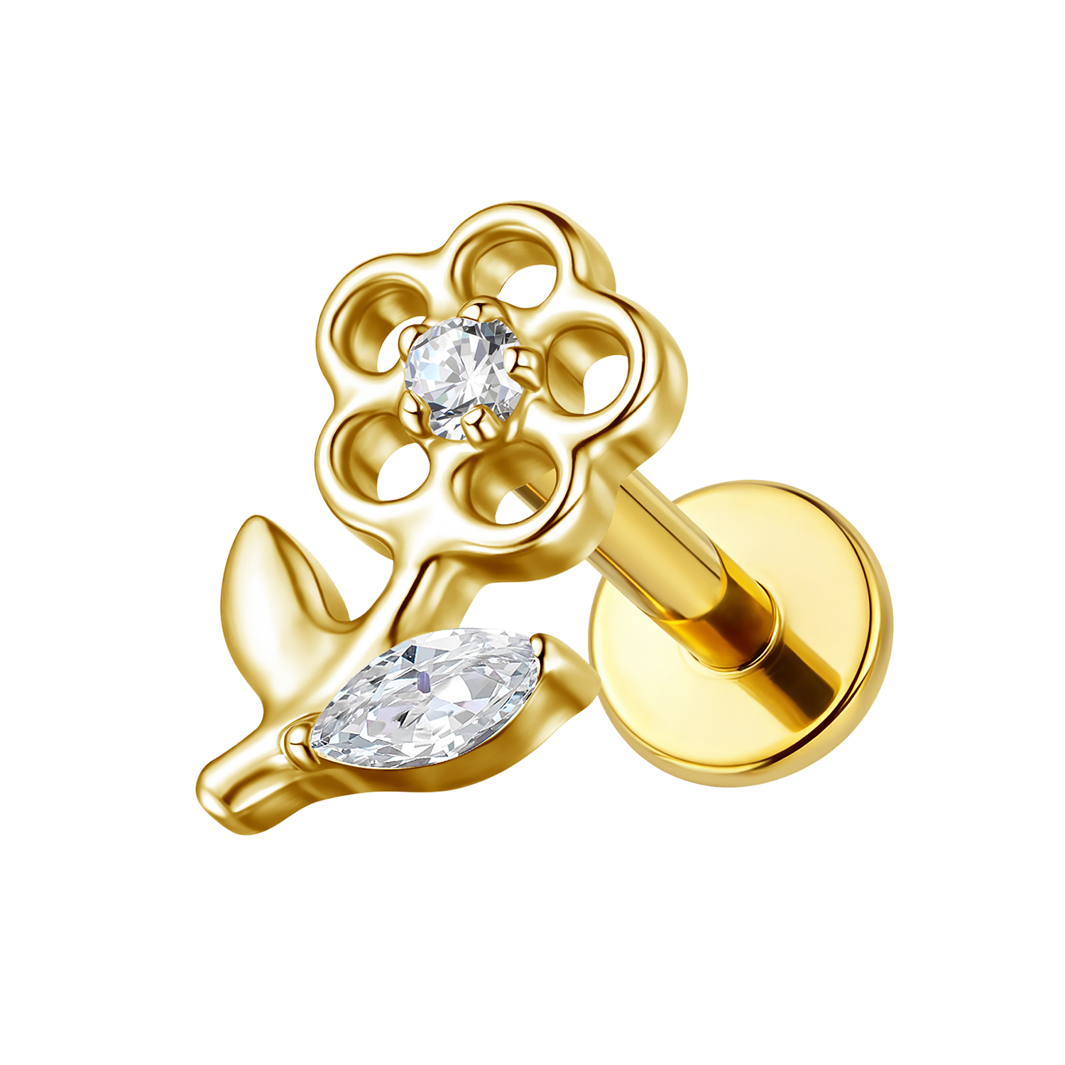 Clou de labret doré en forme de fleur, dos plat A