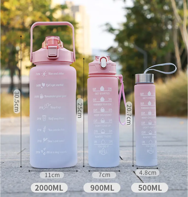 Milieuvriendelijke Nieuwe 3 In1 Plastic Motiverende Waterflessen Set 2 Liter 3 Stuks Sport Waterfles Voor Vrouwen